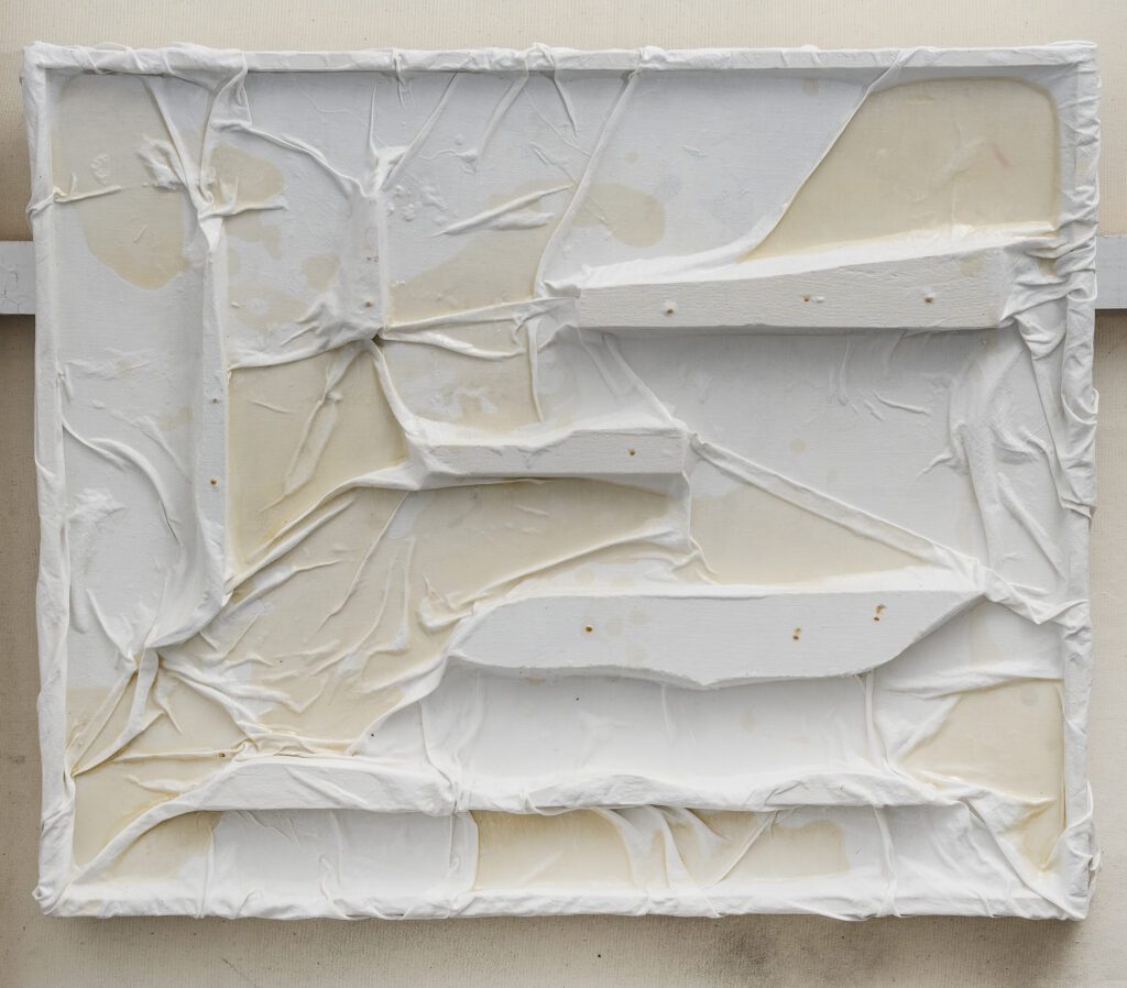 Tomek Baran Stories we forget 52 x 63 cm urethane varnish, cotton, bone glue, hdf board, wood 2022