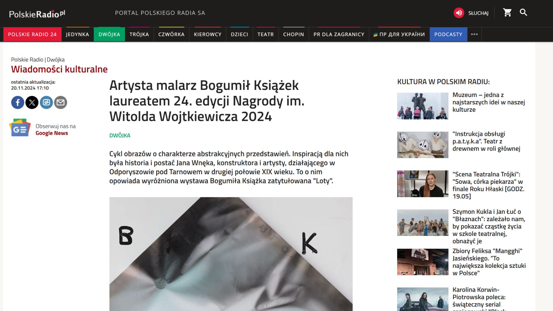 Artysta Malarz bogumił Książek laureatem 24 edycji nagrody Witolda Wojtkiewicza 2024 Polskie Radio