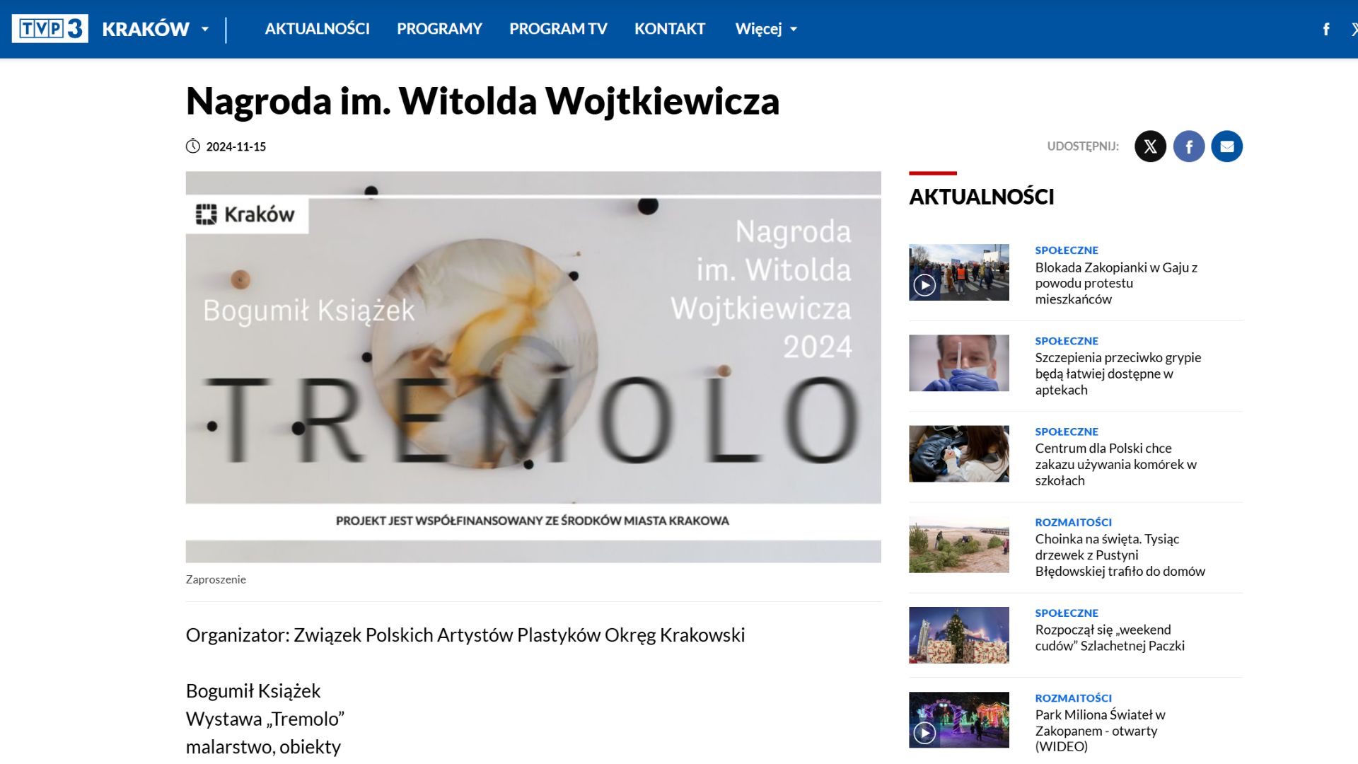Nagroda im Witolda Wojtkiewicza dla Bogumiła Książka tvp3 Kraków